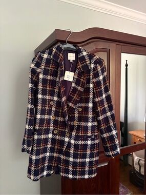 Favorite Daughter Navy White Rust Plaid Double-Breasted Tweed Skirt Suit